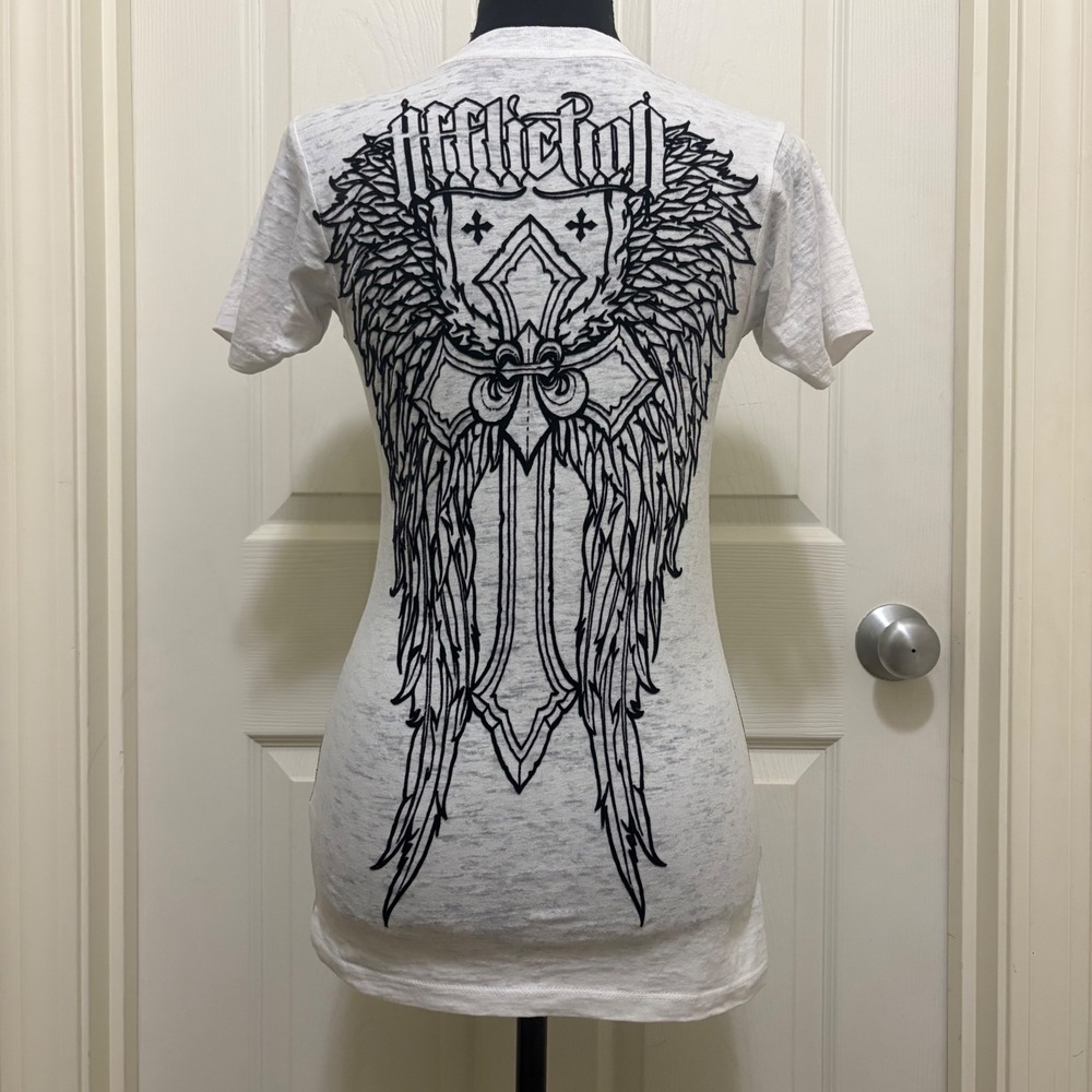 Vintage Y2K Affliction Burnout T-Shirt White V-Neck XS Winged Cross Graphic Tee